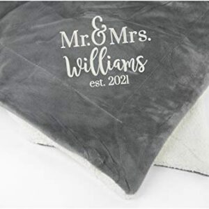 Mr. and Mrs. Established Mink Sherpa Throw Blanket Personalized Wedding Gift (Grey)