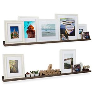 rustic state ted wall mount extra long narrow picture ledge photo frame display – 60 inch floating wood shelf for living room office kitchen bedroom bathroom – torched brown – set of 2