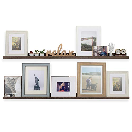 Rustic State Ted Wall Mount Extra Long Narrow Picture Ledge Photo Frame Display - 60 Inch Floating Wood Shelf for Living Room Office Kitchen Bedroom Bathroom - Torched Brown - Set of 2