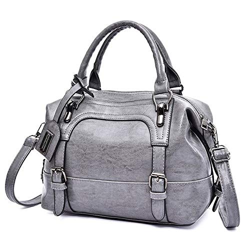 Dayfine Women's Retro Oil Wax Soft Leather Simple Single Shoulder Boston Bag Portable Oblique Satchel (gray)