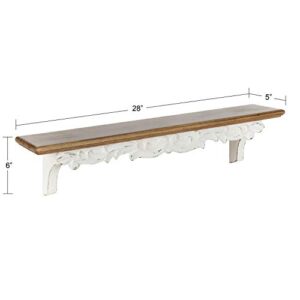 Kate and Laurel Abberly Farmhouse Wall Shelf, 28 x 5 x 6.5, Rustic Brown and White, Rustic Floating Shelf for Wall