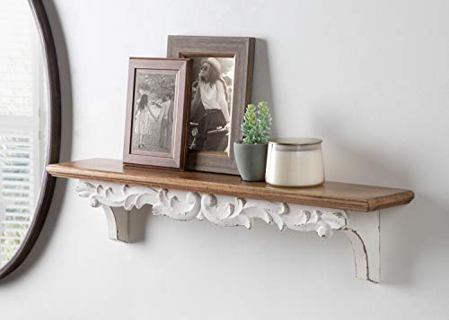 Kate and Laurel Abberly Farmhouse Wall Shelf, 28 x 5 x 6.5, Rustic Brown and White, Rustic Floating Shelf for Wall