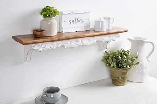 Kate and Laurel Abberly Farmhouse Wall Shelf, 28 x 5 x 6.5, Rustic Brown and White, Rustic Floating Shelf for Wall