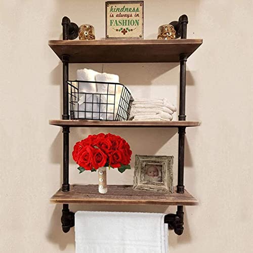 DR.IRON Industrial Pipe Wall Bathroom Shelf Rustic Bathroom Shelves with Towel Bar,24" Towel shelfs for Bathroom,Farmhouse Bathroom Shelving Unit Storage (3 tier-24)