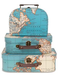 jewelkeeper paperboard suitcases, set of 3 – vintage decorative storage box – luggage decor storage – gift boxes for birthday,weddings,anniversary – old home decoration – vintage world map design