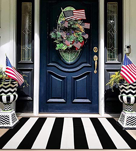 EARTHALL Black and White Striped Rug 27.5 x 43 Inches Cotton Hand-Woven Reversible Foldable Washable Black and White Outdoor Rug Stripe for Layered Door Mats Porch/Front Door Black Rug