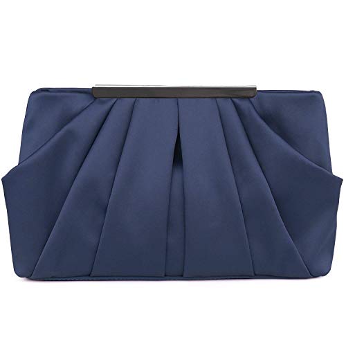 expouch Womens Pleated Satin Evening Handbag Clutch Navy Clutch Purse With Detachable Chain Strap Wedding Cocktail Party Bag