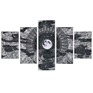 livole moon star prints wall art, 5 piece frameless black white fresco wall paintings, mountain and clouds picture print with 10 nails for room