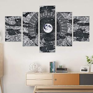 Livole Moon Star Prints Wall Art, 5 Piece Frameless Black White Fresco Wall Paintings, Mountain and Clouds Picture Print with 10 Nails for Room