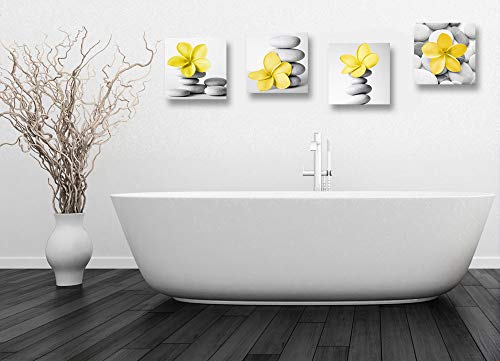 Genius Decor-Modern Bathroom Yellow Gray Wall Art Picture Flowers and Pebble Stone Canvas Print Wall Decor Set 4(Yellow)