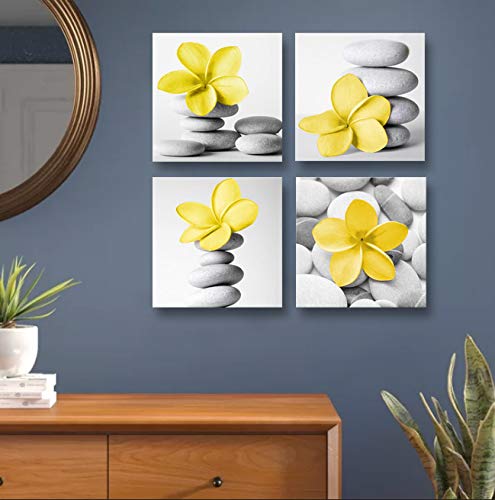 Genius Decor-Modern Bathroom Yellow Gray Wall Art Picture Flowers and Pebble Stone Canvas Print Wall Decor Set 4(Yellow)