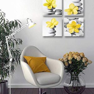 Genius Decor-Modern Bathroom Yellow Gray Wall Art Picture Flowers and Pebble Stone Canvas Print Wall Decor Set 4(Yellow)