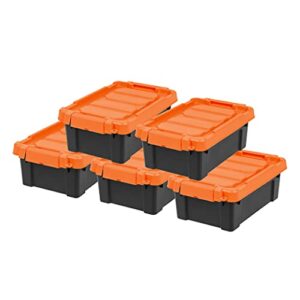 iris usa 3 gallon heavy-duty plastic storage bins, 5 pack, store-it-all container totes with durable lid and secure latching buckles, garage and metal rack organizing, black/orange