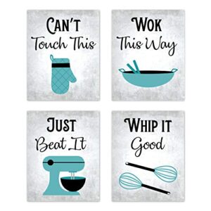 80s music songs retro vintage inspirational kitchen wall art dining room cafe and restaurant decor turquoise teal blue black gray and white baking prints posters signs sets retro home decorations funny sayings quotes unframed (set of 4) 8”x10”