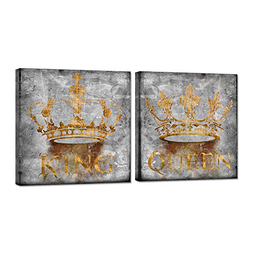 Zlove 2 Set Romantic Wall Art Golden Queen and King Crown Painting Antique Vintage Grey Artwork on Canvas For Bedroom Valentine Day Wedding Gift Stretched and Framed Ready to Hang 12x12inchx2pcs