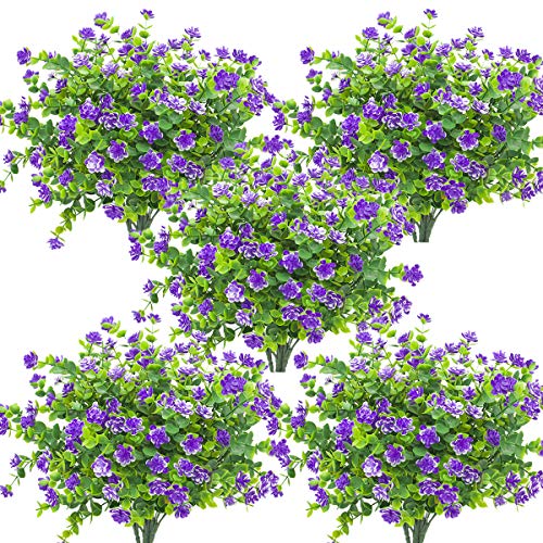 Grunyia 10 Bundles Artificial Fake Flowers, Faux Outdoor Plastic Plants UV Resistant Shrubs Outside Indoor Decorations (Blue-Eucalyptus)