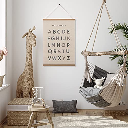 Bon et Beau 16 x 24 Inch Embroidered Alphabet Poster Framed with Wood Hanger - Neutral Gray Wall Decor for Boys Nursery, Bedroom, Playroom, Toddler and Kids Room