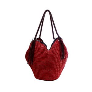 qtkj soft large straw shoulder bag with brown charm leather tassels, boho leather handle tote retro summer beach bag rattan handbag (red)