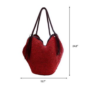 QTKJ Soft Large Straw Shoulder Bag with Brown Charm Leather Tassels, Boho Leather Handle Tote Retro Summer Beach Bag Rattan Handbag (Red)