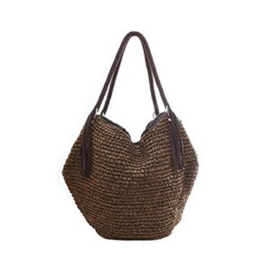 qtkj soft large straw shoulder bag with brown charm leather tassels, boho leather handle tote retro summer beach bag rattan handbag (brown)