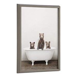 kate and laurel blake three little bears in vintage bathtub framed printed glass wall art by amy peterson, 18×24 gray, adorable woodland animal art for wall