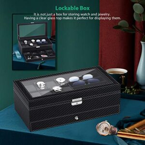 TomCare Watch Box Watch Case Weave Pattern Jewelry Box Lockable Watch Case with Drawer Sunglasses Holder Earrings Storage PU Leather Jewelry Organizer with Glass Top for Men Women (Black)