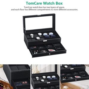 TomCare Watch Box Watch Case Weave Pattern Jewelry Box Lockable Watch Case with Drawer Sunglasses Holder Earrings Storage PU Leather Jewelry Organizer with Glass Top for Men Women (Black)