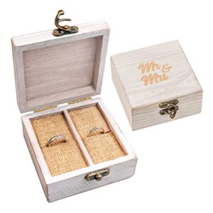 strova wooden ring box for wedding rings and couple jewelry – engraved mr. & mrs. lettering – ring bearer box for display or personal organizer – brass latch and soft, protective ring cushions