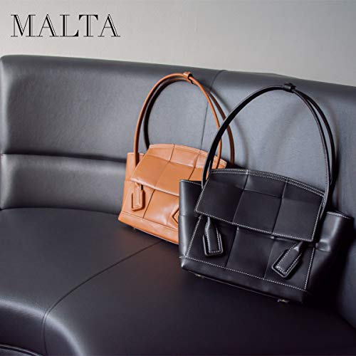 MALTA Vegan Leather Intrecciato Tote Bag for Women High Capacity Genuine Leather Handle - Black