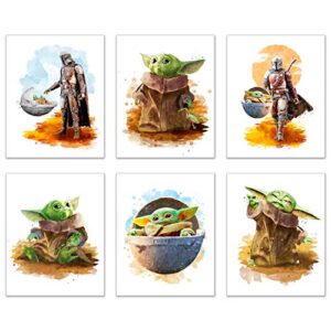 baby grogu mandalorian prints – set of 6 (8 inches x 10 inches) wall art decor poster photos – star wars tv series pedro pascal & the child baby yoda