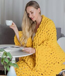 dirunen chunky knit luxury throw blanket large cable knitted premium soft cozy chenille bulky blankets for cuddling up in bed, on the couch or sofa yellow 79″×79″