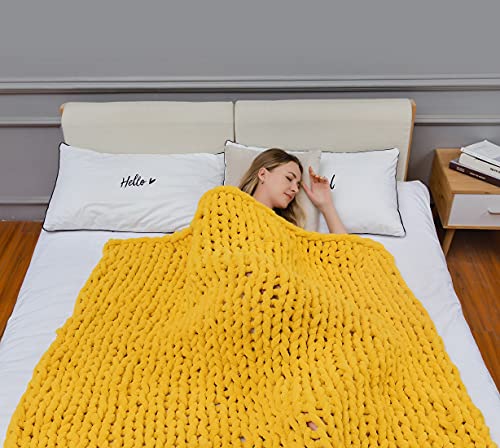 DIRUNEN Chunky Knit Luxury Throw Blanket Large Cable Knitted Premium Soft Cozy Chenille Bulky Blankets for Cuddling up in Bed, on The Couch or Sofa Yellow 79"×79"