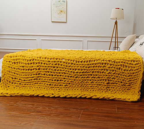 DIRUNEN Chunky Knit Luxury Throw Blanket Large Cable Knitted Premium Soft Cozy Chenille Bulky Blankets for Cuddling up in Bed, on The Couch or Sofa Yellow 79"×79"