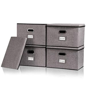 herneat large linen storage boxes with lids no smell with label window [4pack] fabric collapsible foldable storage bins organizer containers with cover for home bedroom closet grey color