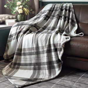 homritar flannel blanket with plaid, lightweight cozy throw blanket warm bed blanket fit sofa and couch (50 x 60 inch, mocha grey)