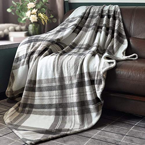 HOMRITAR Flannel Blanket with Plaid, Lightweight Cozy Throw Blanket Warm Bed Blanket fit Sofa and Couch (50 x 60 inch, Mocha Grey)