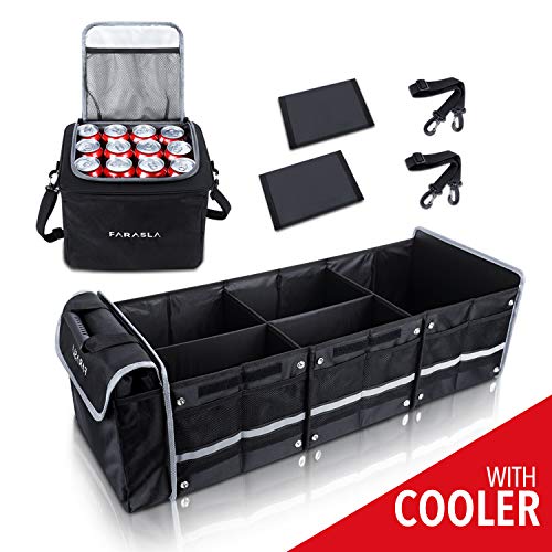 Farasla Waterproof Trunk Organizer with Insulated Leakproof Cooler Bag, Foldable Cover, Adjustable Securing Straps (4-in-1 w/Cooler, Black)