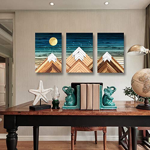 Geometric Mountain Canvas Wall Art for Office Bedroom,Rustic Wall Decor for Living Room Blue Sky Mountain Pictures on Canvas Prints,3 Piece Framed Rustic Home Decor Artwork