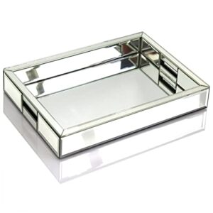 rectangle silver mirror decorative tray size 11” length x 14” width x 2” height, mirrored vanity organizer with hand, markup perfume jewelry tray for bathroom bedroom dresser coffee table qmdecor