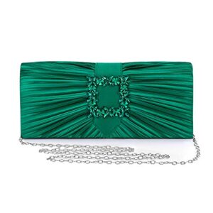 mulian lily m366 women pleated satin rhinestone brooch evening bags prom clutch purse with detachable chain strap green