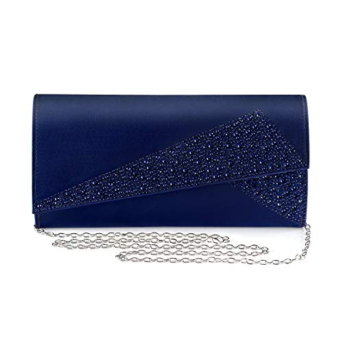 Mulian LilY M092 Women Satin Rhinestones Evening Bags Prom Bridal Clutch Purse Cross Body With Detachable Chain Strap Navy