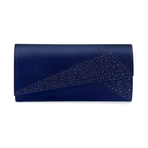 Mulian LilY M092 Women Satin Rhinestones Evening Bags Prom Bridal Clutch Purse Cross Body With Detachable Chain Strap Navy