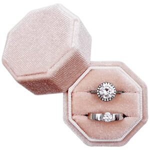 Beatilog Velvet Ring Box - Octagon Premium Vintage Wedding Ring Holder Handmade Double Ring Bearer Jewelry Display Organizer for Proposal, Engagement, Ceremony, Christmas, Photography (Light Pink)