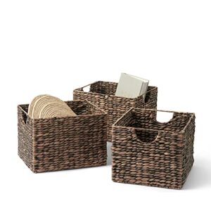 artera wicker cube storage baskets – set of 3, woven shelf basket for organizing, natural storage bins with handles for pantry living room, under shelf basket, 13″ x 11″ x 9″ (dark brown)