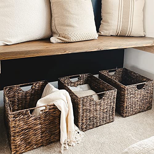 Artera Wicker Cube Storage Baskets - Set of 3, Woven Shelf Basket for Organizing, Natural Storage Bins with Handles for Pantry Living Room, Under Shelf Basket, 13" x 11" x 9" (Dark Brown)