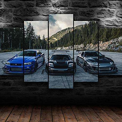 VYQDTNR - 5 Pcs Canvas Wall Art 3D Printed JDM Supra Skyline NSX Car Painting Picture Poster Artwork for Living Room Bedroom Office Home Decoration Ready to Hang, Inner Framed,40inchWx22inchH(Framed)