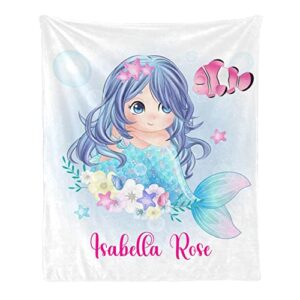 custom blanket personalized cute mermaid and fish soft fleece throw blanket with name for gifts sofa bed (50 x 60 inches)