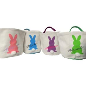 personalized bunny easter baskets for kids – egg hunting bucket – empty gathering pail with handle- custom gift idea