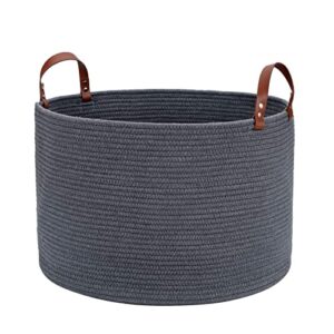 large baskets for storage cotton rope basket laundry basket hamper- hombins woven toy bin blanket holder xxl grey collapsible laundry basket with leather handle, 20″x20″x13″