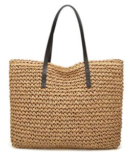straw bag round summer straw large woven beach bag purse for women vocation tote handbags with pom poms (lightcoffee)